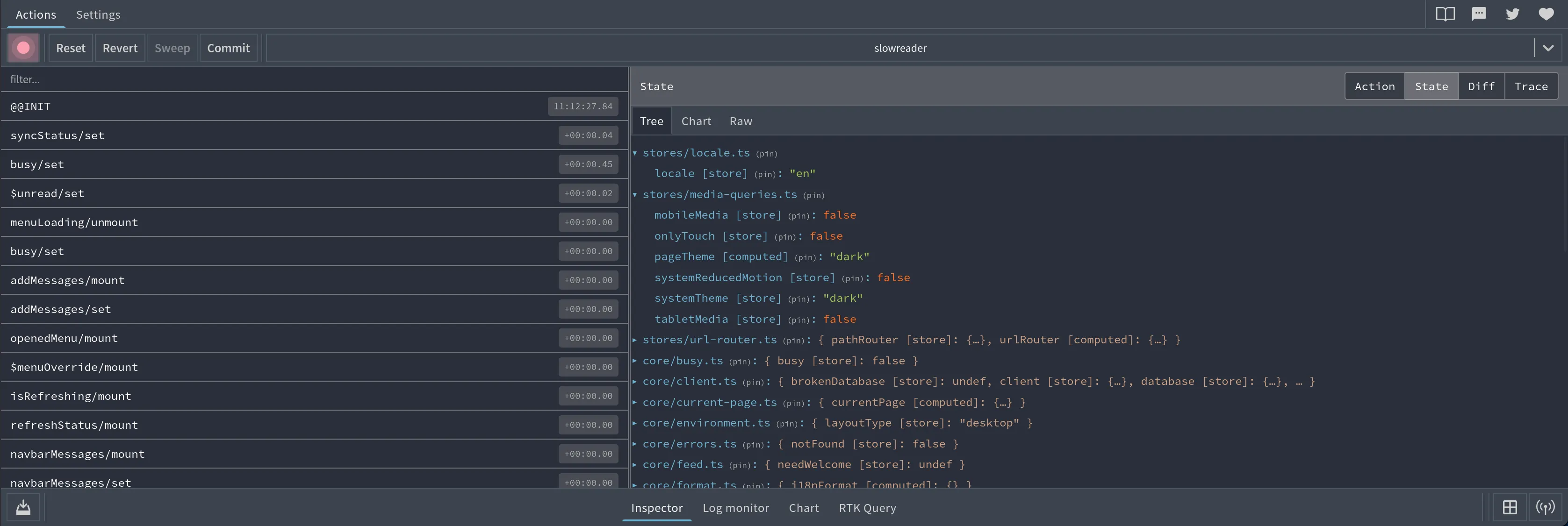 Redux DevTools showing nanostores state. The left column lists actions such as syncStatus/set and addMessages/mount. The right pane shows a tree grouped by source file, where stores/media-queries.ts holds mobileMedia, pageTheme and other stores with their values.