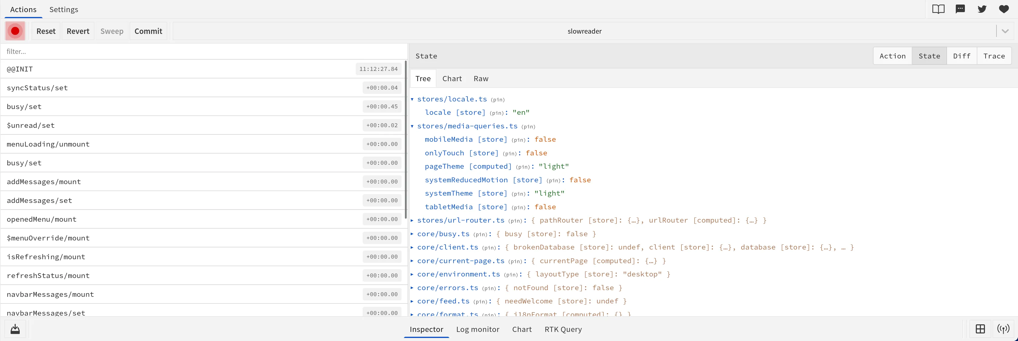 Redux DevTools showing nanostores state. The left column lists actions such as syncStatus/set and addMessages/mount. The right pane shows a tree grouped by source file, where stores/media-queries.ts holds mobileMedia, pageTheme and other stores with their values.